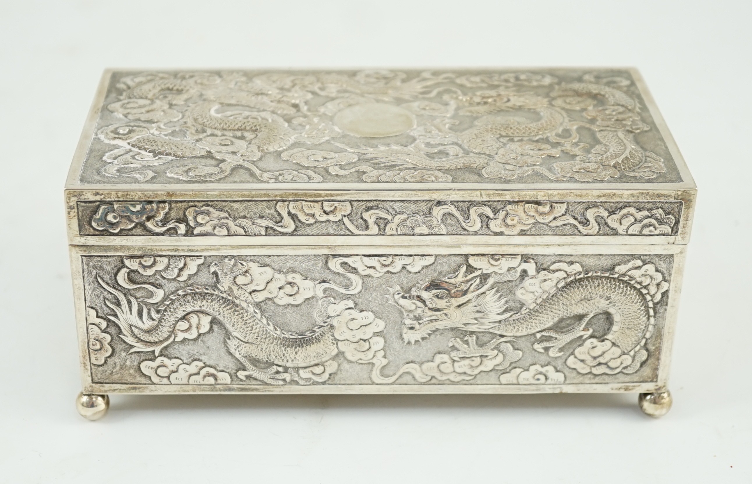 A late 19th/early 20th century Chinese Export silver rectangular cigarette box, by WA